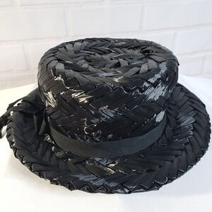 Cool Vintage Gene Doris Union Made Womens Black Raffia Fedora Hat NOS